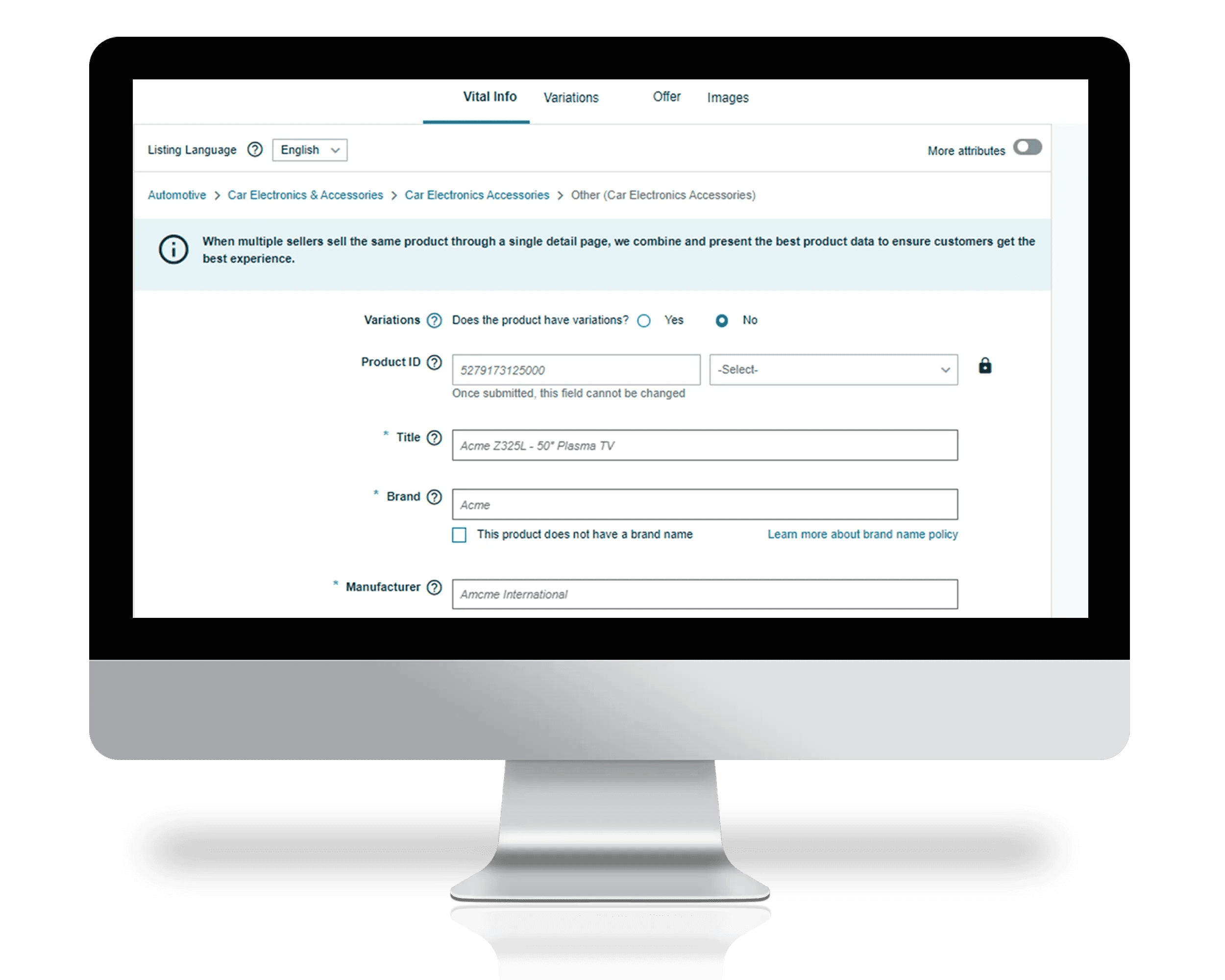 Amazon product submission form opened in web browser