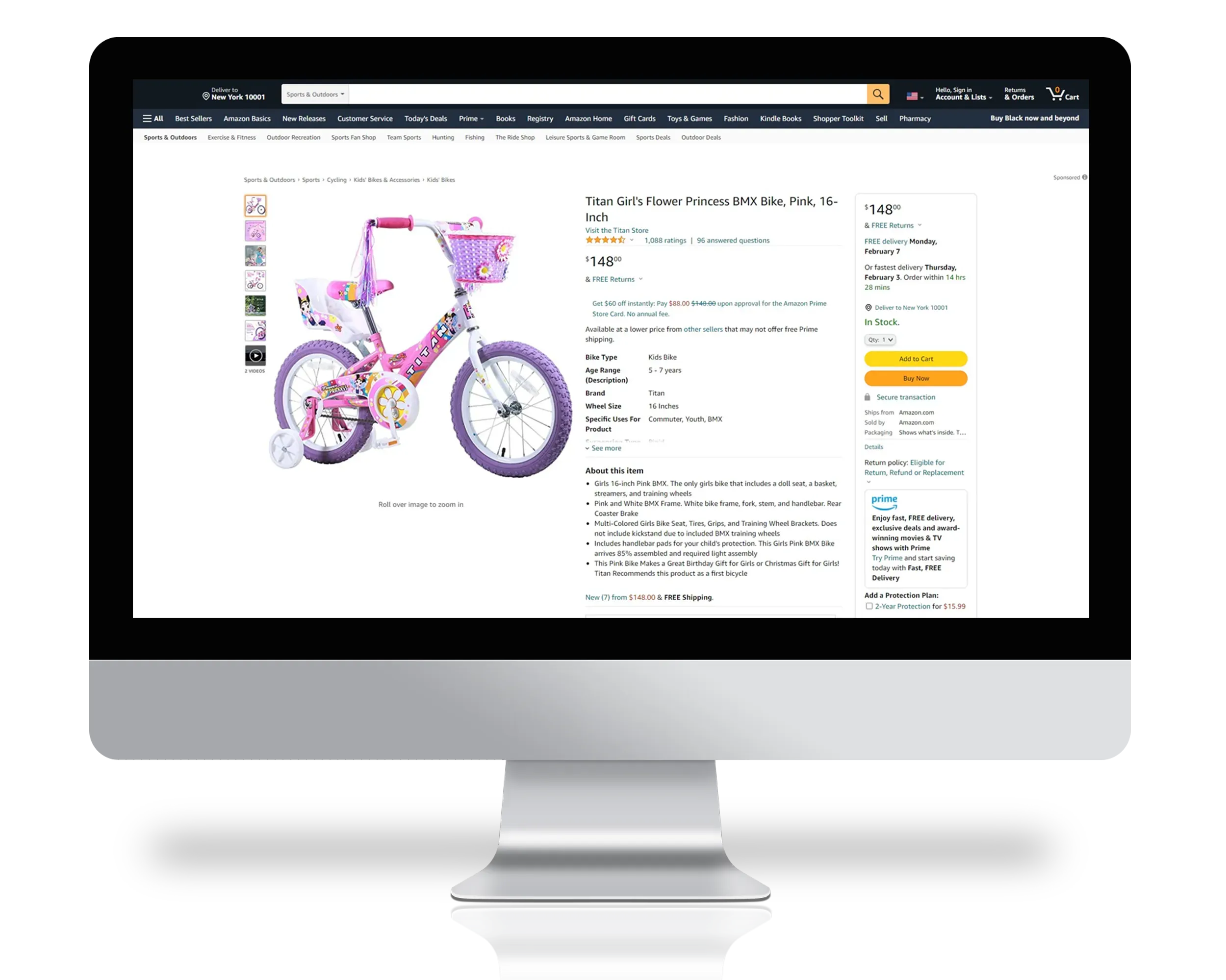 Amazon product page of Girl's flower princess BMX bike