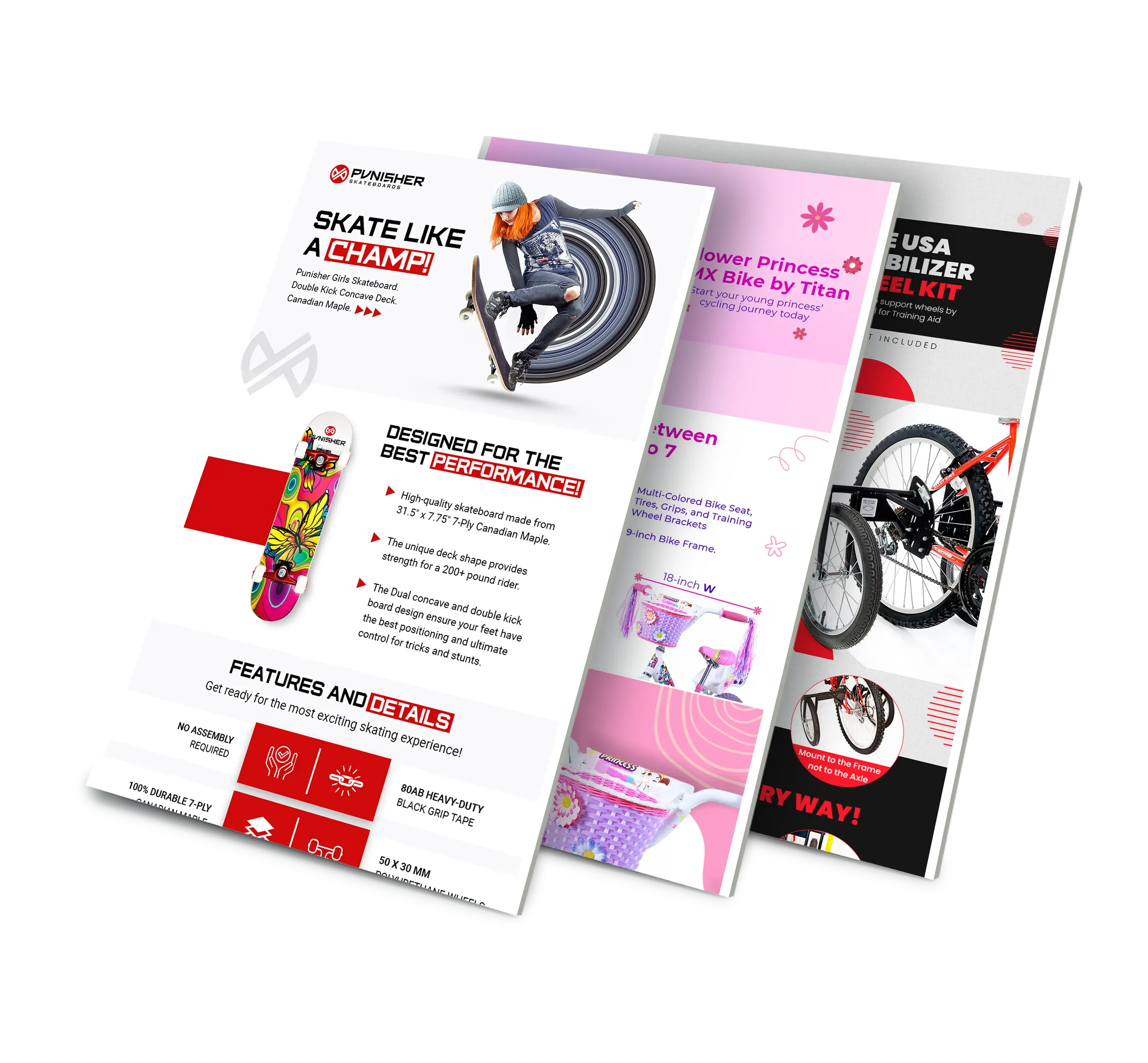 A stack of 3 sales brochures including the Punisher Skateboards brochure